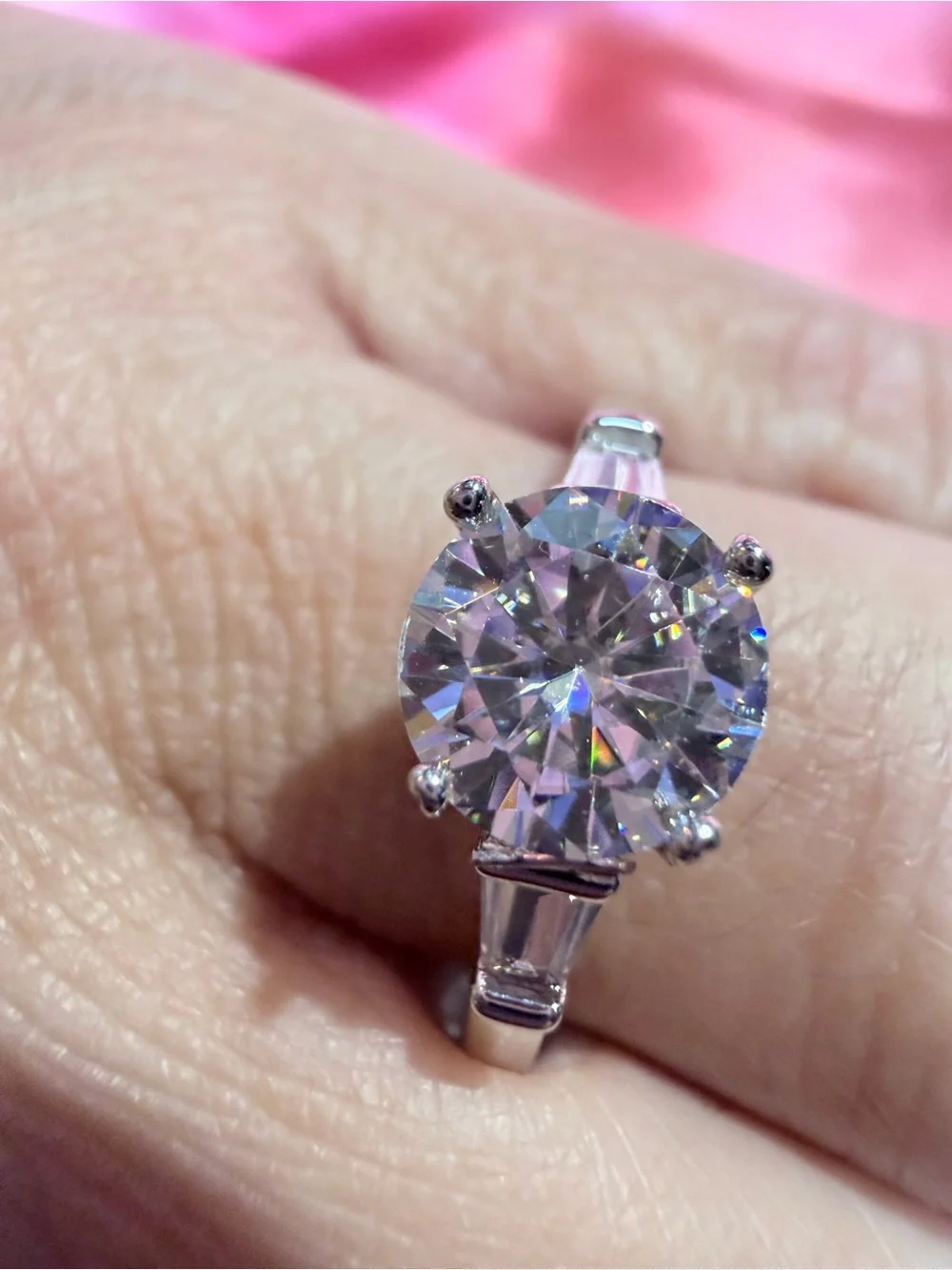 New 2 Carat Moissanite 18K Overlay Baguette and Round 3 Stone Engagement Ring